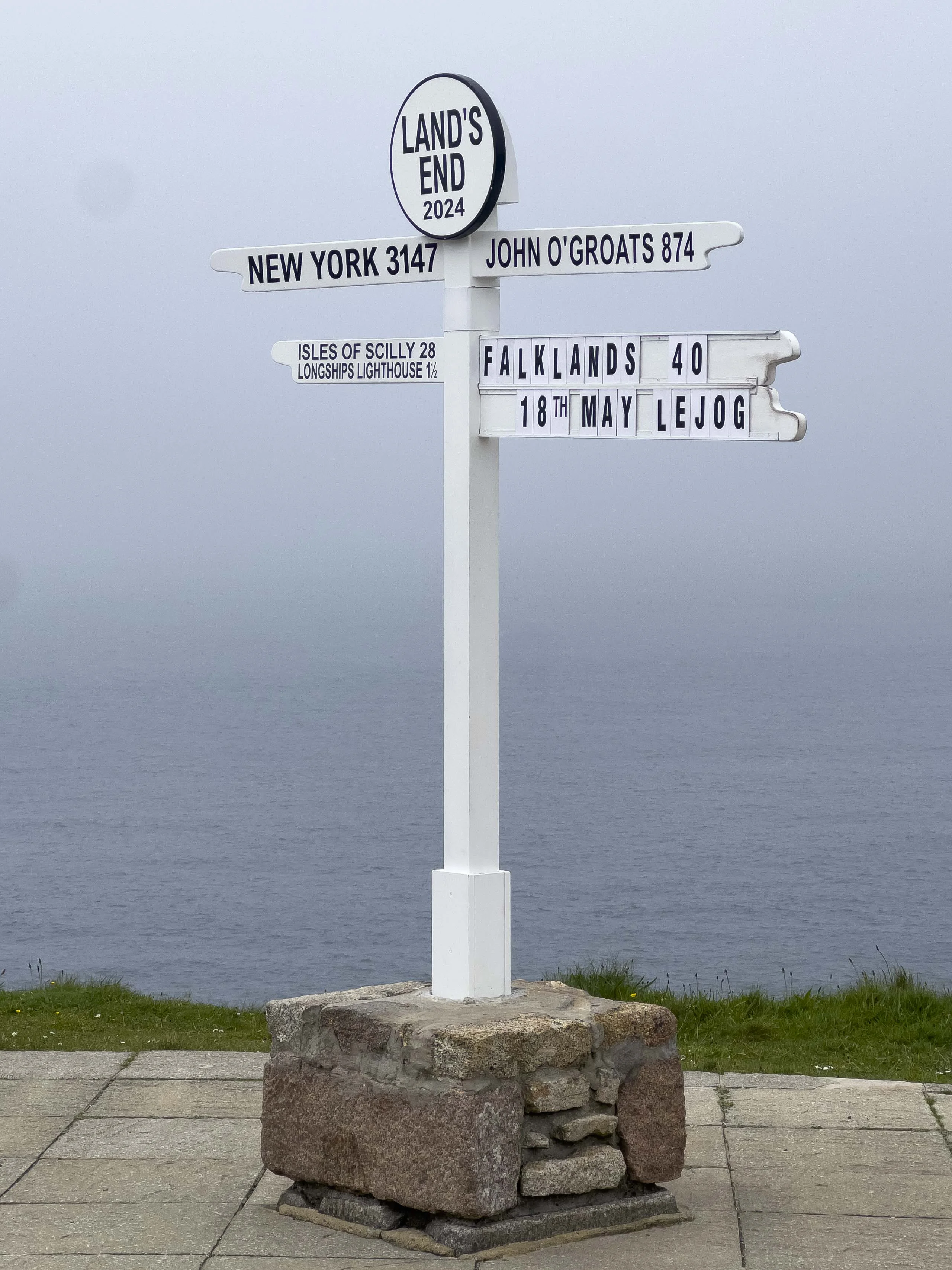 A small group standing near the Land's End signpost with sea behind